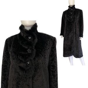 NWT WOMEN PLUS SIZE WINTER BLACK‎ COAT WITH RACCOON FUR TRIM STAND-UP COLLAR